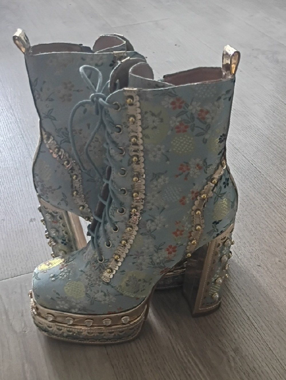 Lace-Up Floral Platform Boots in Light Blue